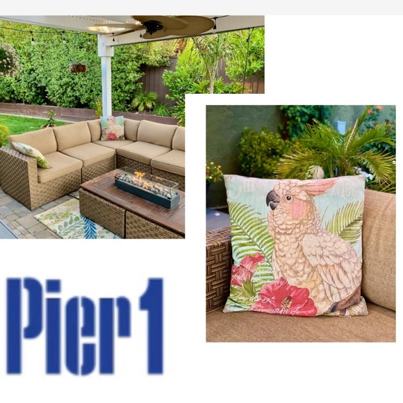 PIER 1 Cockatoo Embroidered Tropical Palm Leaf Indoor Outdoor Pillow 18” X 18” - Picture 4 of 15